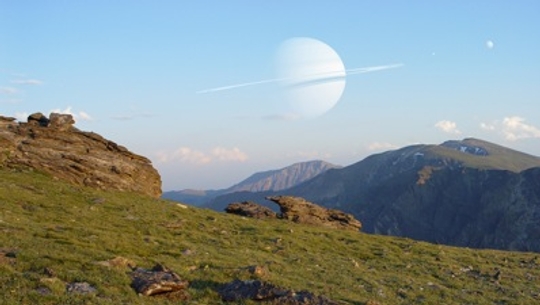 Fantáziakép egy Szaturnusz-szerű bolygó körül keringő, Földhöz hasonló holdról - valóban létezhetnek ilyenek? (Illusztráció: D. Durda)