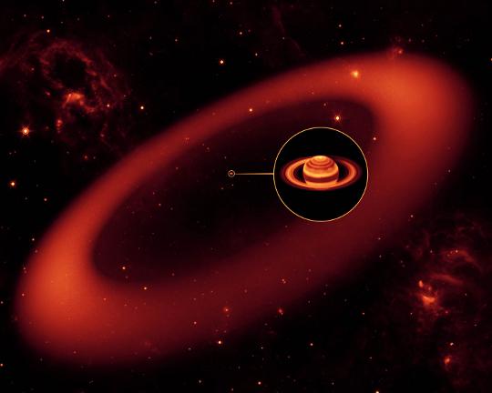 Fantáziarajz az új porgyűrűről. Az inzertben a Szaturnusz Mauna Kea-n készült infravörös képe látható. [NASA/JPL-Caltech/Keck]