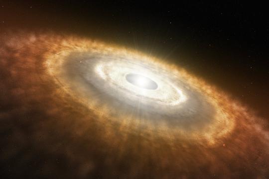 Fantáziarajz egy nagyon fiatal csillagról, melyet még körülvesz az a protoplanetáris porkorong, amiben a bolygók kialakulnak. Az új eredmény szerint a bolygók léte és a központi csillag alacsony lítiumtartalma között szoros összefüggés van. Az elképzelés szerint a bolygók hatására a csillagbelsőkben olyan mozgások indukálódnak, melyek a lítiumot a mélyebb, s így forróbb rétegekbe juttatják, ahol az hatékonyabban semmisül meg, mint a hidegebb felső régiókban.<br />
[ESO/L. Calçada]