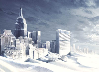 New York látképe a Golf-áramlat leállása után, jégkorszak idején, ahogy a Holnapután című film alkotói elképzelték.