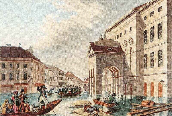 Johann Hürlimann: Árvíz a pesti Színház-téren, 1838 (színezett akvatinta)