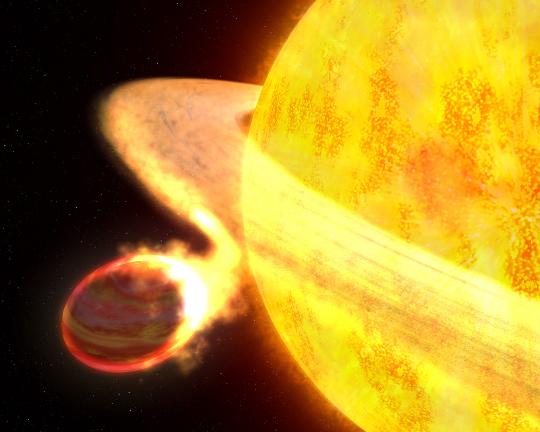  Fantáziarajz a WASP-12 katalógusjelű sárga törpéről és a tőle mindössze 3 millió kilométerre keringő bolygójáról, melynek hőmérséklete a rendkívül kis távolság okán eléri a 2800 fokot. Az árapály-erők miatt a planéta alakja torzult és kitölti az ún. Roche-térfogatát is, aminek következtében egy akkréciós korong közvetítésével folyamatosan anyagot ad át csillagának, ezért a becslések szerint 10 millió éven belül teljesen megsemmisül. [NASA, ESA, G. Bacon (STScI)]