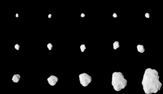 A Lutetia kisbolygóról készült képfelvételek a Rosetta OSIRIS képfelvevő rendszere nagyfelbontású kamerájával a közeledés során (kép: ESA 2010 MPS for OSIRIS Team MPS/UPD/LAM/IAA/RSSD/INTA/UPM/DASP/IDA).