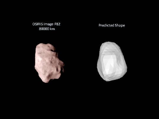 A Lutetia kisbolygó nyolcvanezer kilométerről készült felvétele a Rosetta OSIRIS nagyfelbontású kamerájával (balra), illetve a kisbolygó egy előzetes térbeli modellje (jobbra) (kép: ESA 2010 MPS for OSIRIS Team MPS/UPD/LAM/IAA/RSSD/INTA/UPM/DASP/IDA).