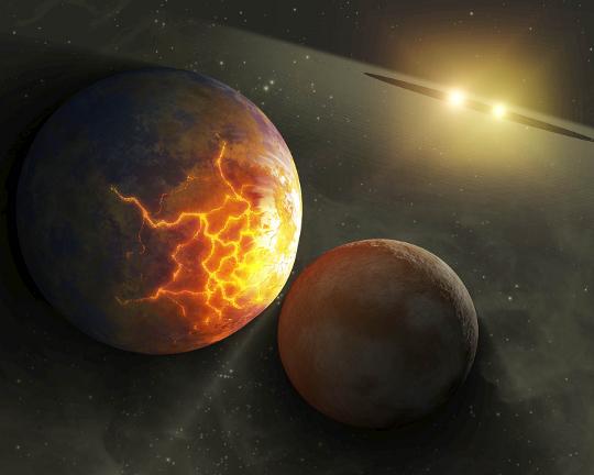 Fantáziarajz egy szoros kettőscsillag két bolygójának ütközését megelőző pillanatokról. A hasonló katasztrófák lehetnek felelősek az idősebb kettősök körüli szokatlanul nagy mennyiségű por létrejöttéért. [Spitzer/JPL]