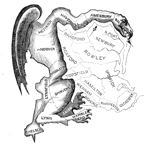 A Boston Centinel közölte 1812-ben ezt a karikatúrát, amely azt mutatja be, hogyan próbált a massachusettsi törvényhozás a kormányon lévő Demokrata-Republikánus Párt jelöltjeinek kedvezni a föderalistákkal szemben. A bizarr formát felvett Essex megyei választókörzetet sárkányként ábrázolták.