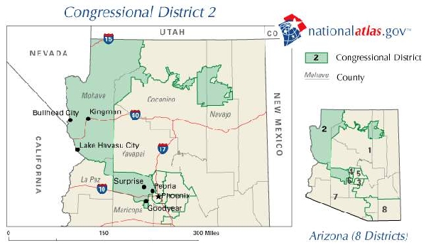 Arizona 2-es kongresszusi választókerülete (zölddel), az állam keleti és felső középső részében.