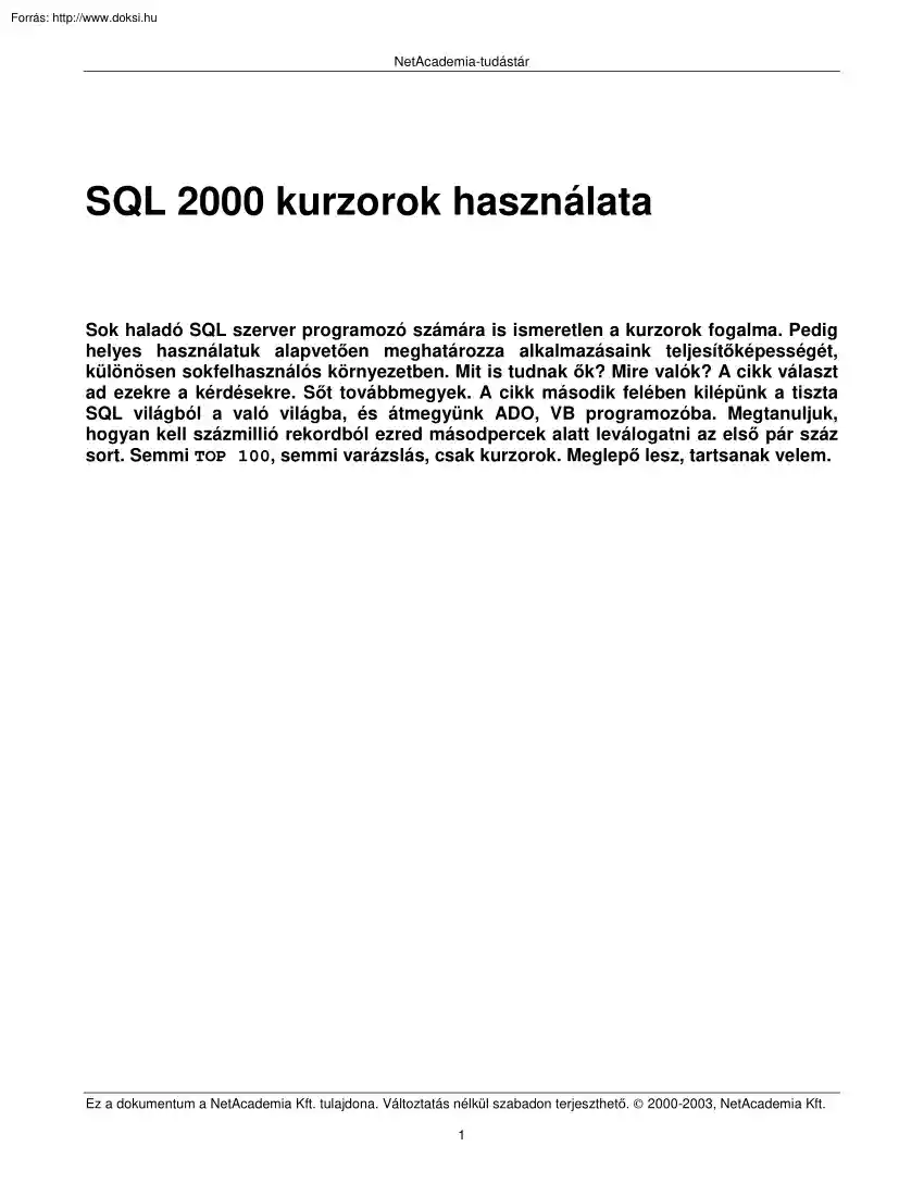 MS SQL 2000 kurzorok használata