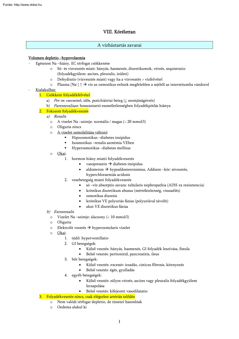 Kórélettan, a vízháztartás zavarai