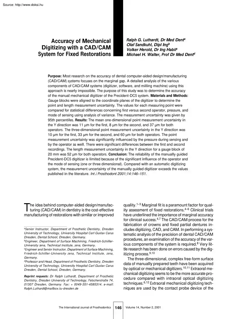 Luthardt-Sandkuhl - Accuracy of mechanical digitizing with a CAD CAM system for fixed restorations