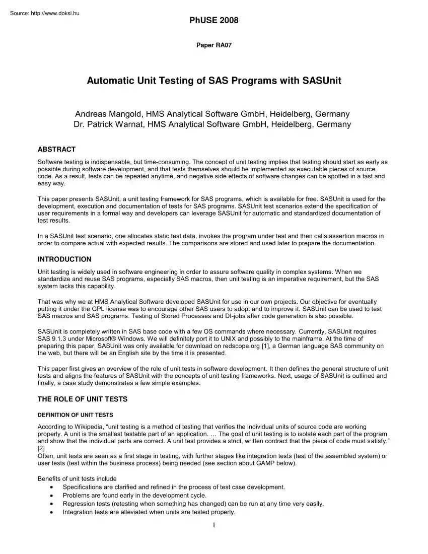 Andreas Mangold - Automatic unit testing of SAS programs with SASUnit
