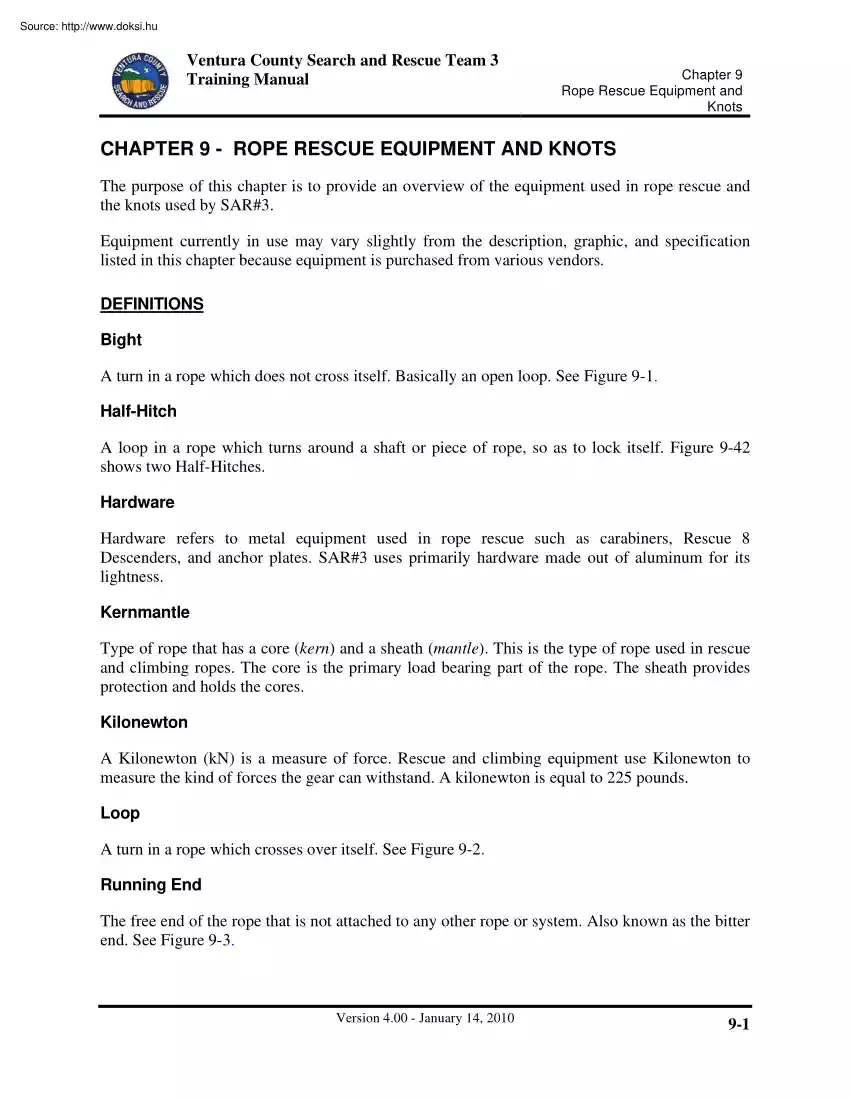 Rope rescue equipment and knots, training manual