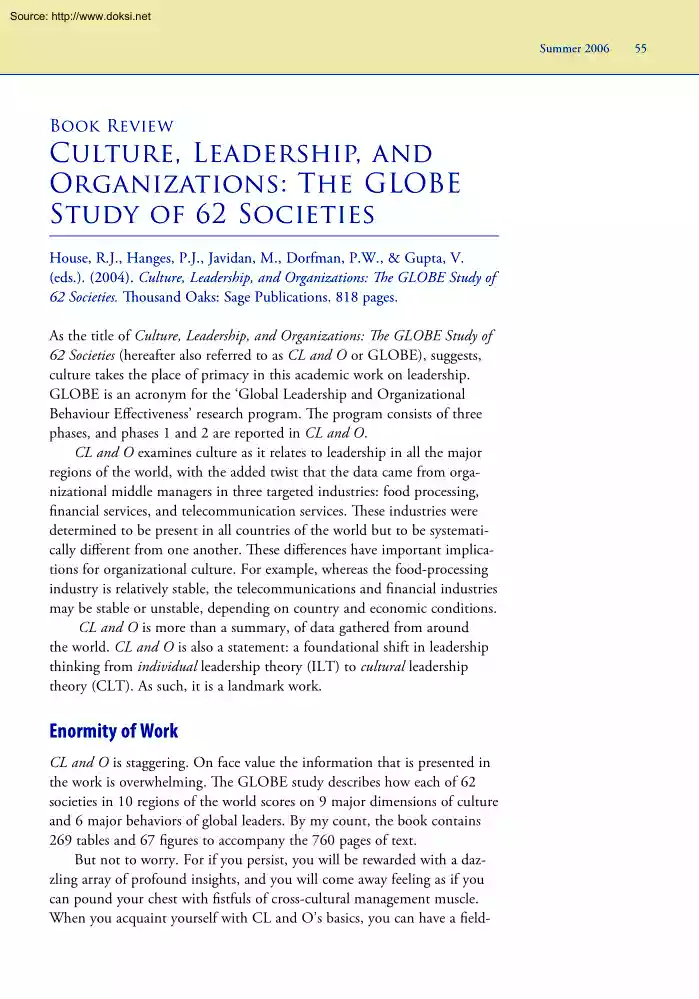 Culture, Leadership and Organizations, The Globe Study of 62 Societies