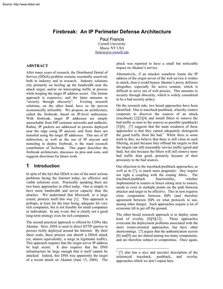 Paul Francis - Firebreak, An IP Perimeter Defense Architecture