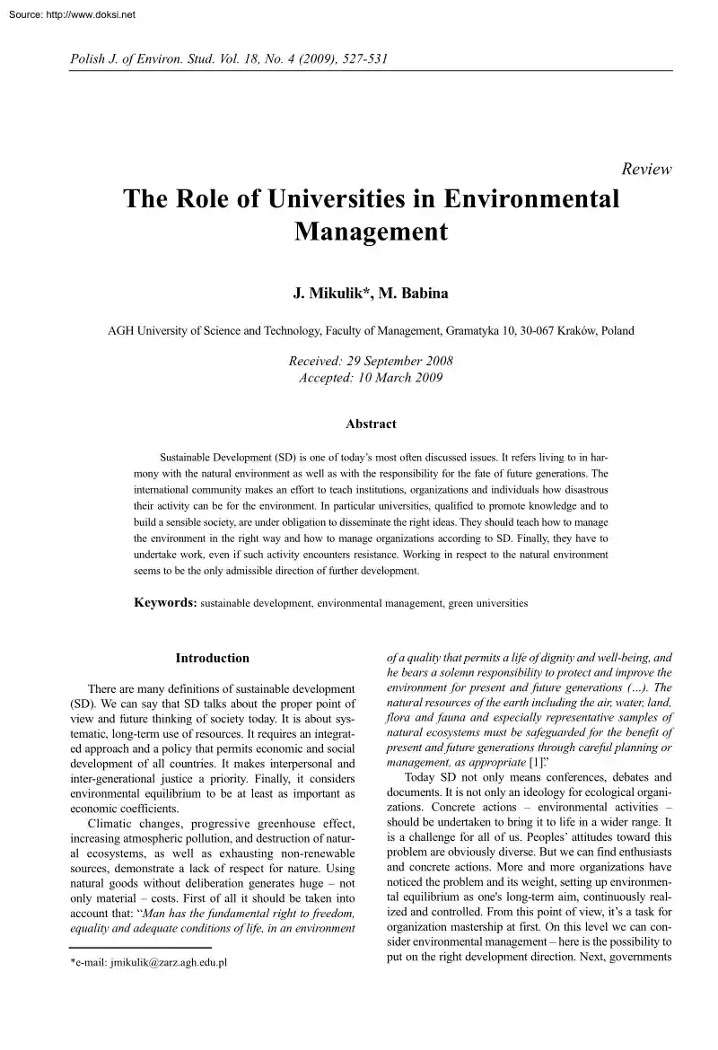 Mikulik-Babina - The Role of Universities in Environmental Management
