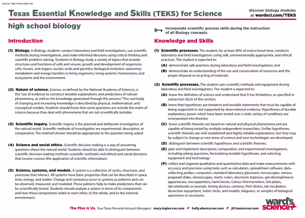 Texas Essential Knowledge and Skills for Science, High School Biology