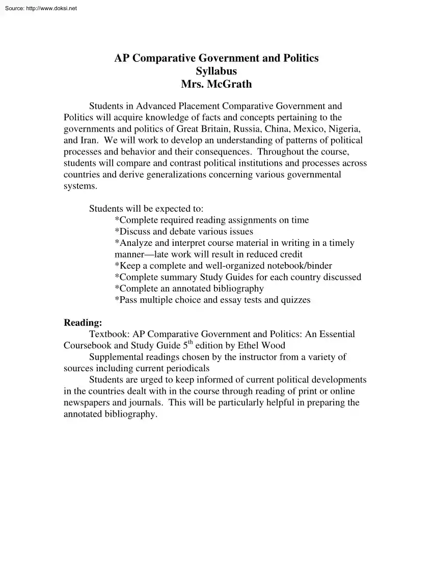 Mrs. McGrath - AP Comparative Government and Politics