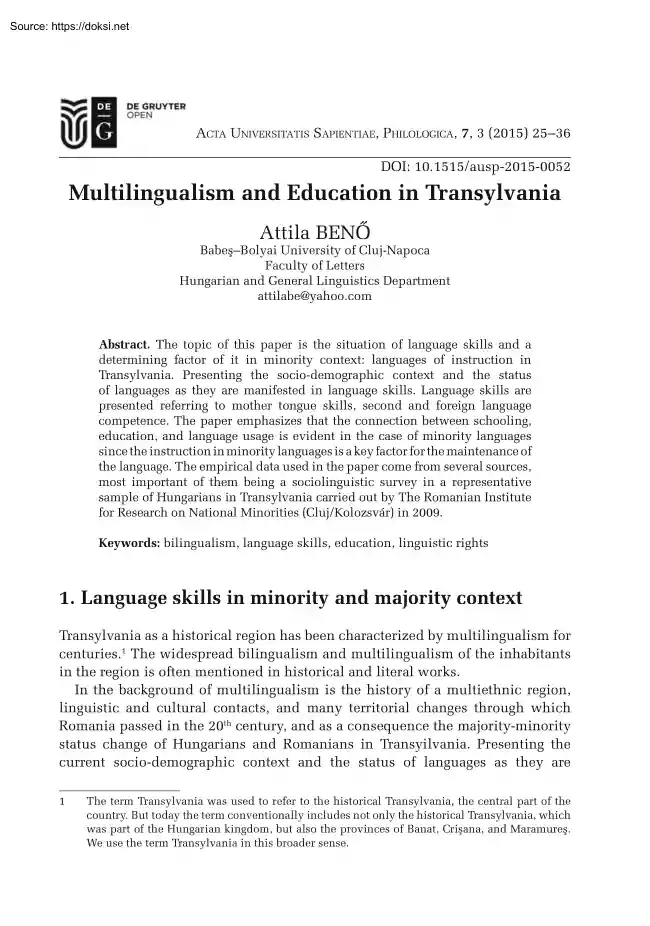 Attila Benő - Multilingualism and Education in Transylvania