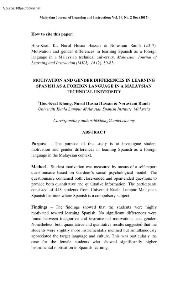 Motivation and Gender Differences in Learning Spanish as a Foreign Language in a Malaysian Technical University