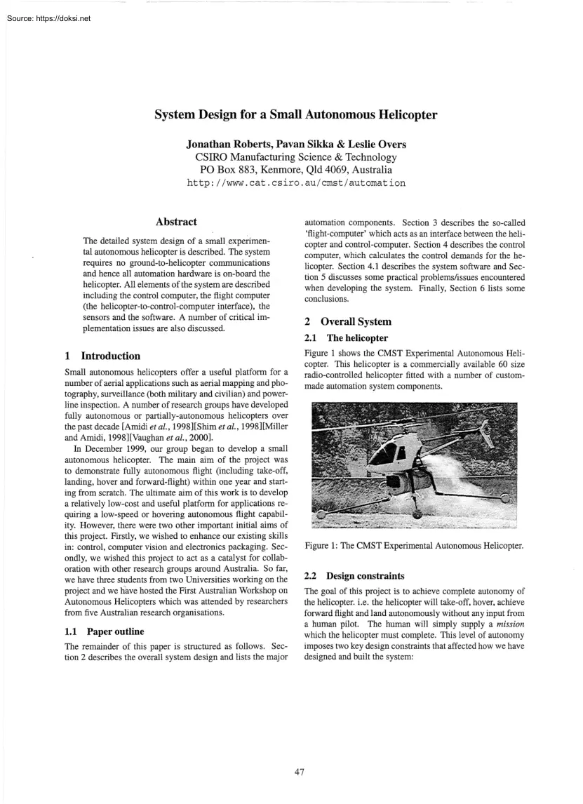 System Design for a Small Autonomous Helicopter