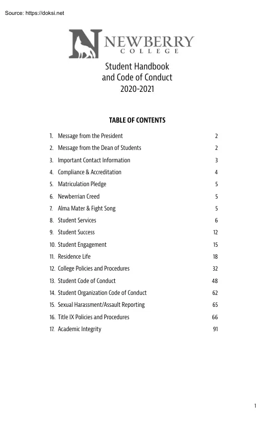 Newberry College, Student Handbook and Code of Conduct