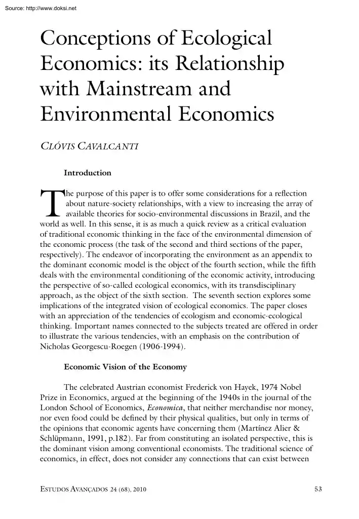 Clovis Cavalcanti - Conceptions of Ecological Economics, Its Relationship with Mainstream and Environmental Economics