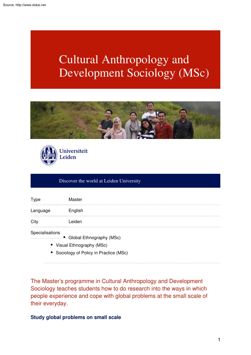 Cultural Anthropology and Development Sociology, MSC programme