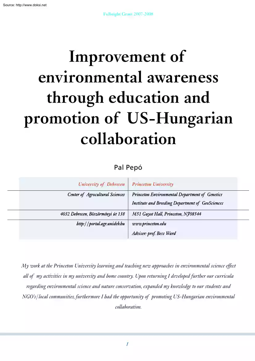 Pal Pepó - Improvement of Environmental Awareness through Education and Promotion of US-Hungarian Collaboration