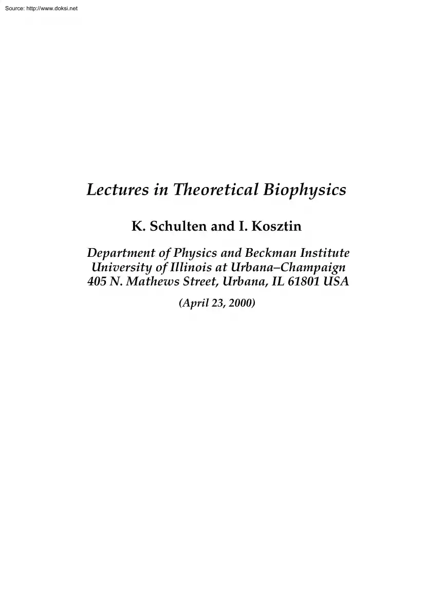 Schulten-Kosztin - Lectures in Theoretical Biophysics