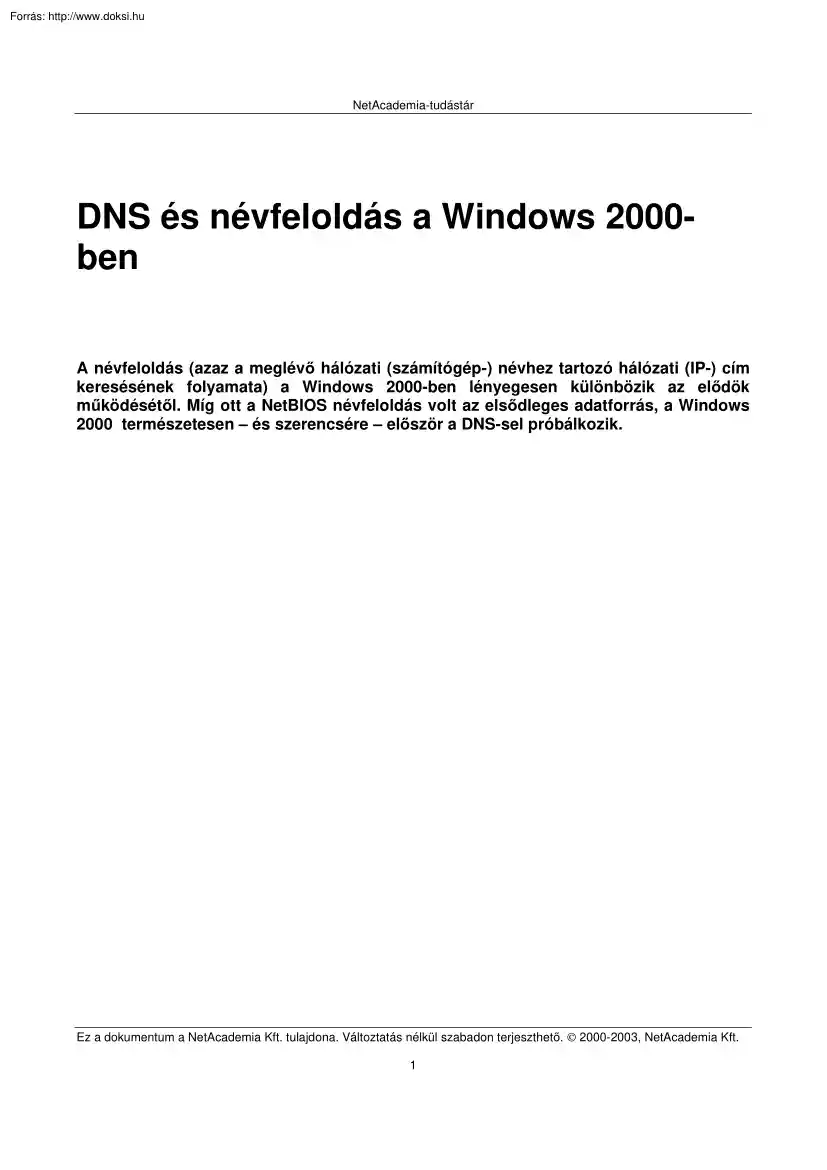 DNS és névfeloldás a Windows 2000-ben