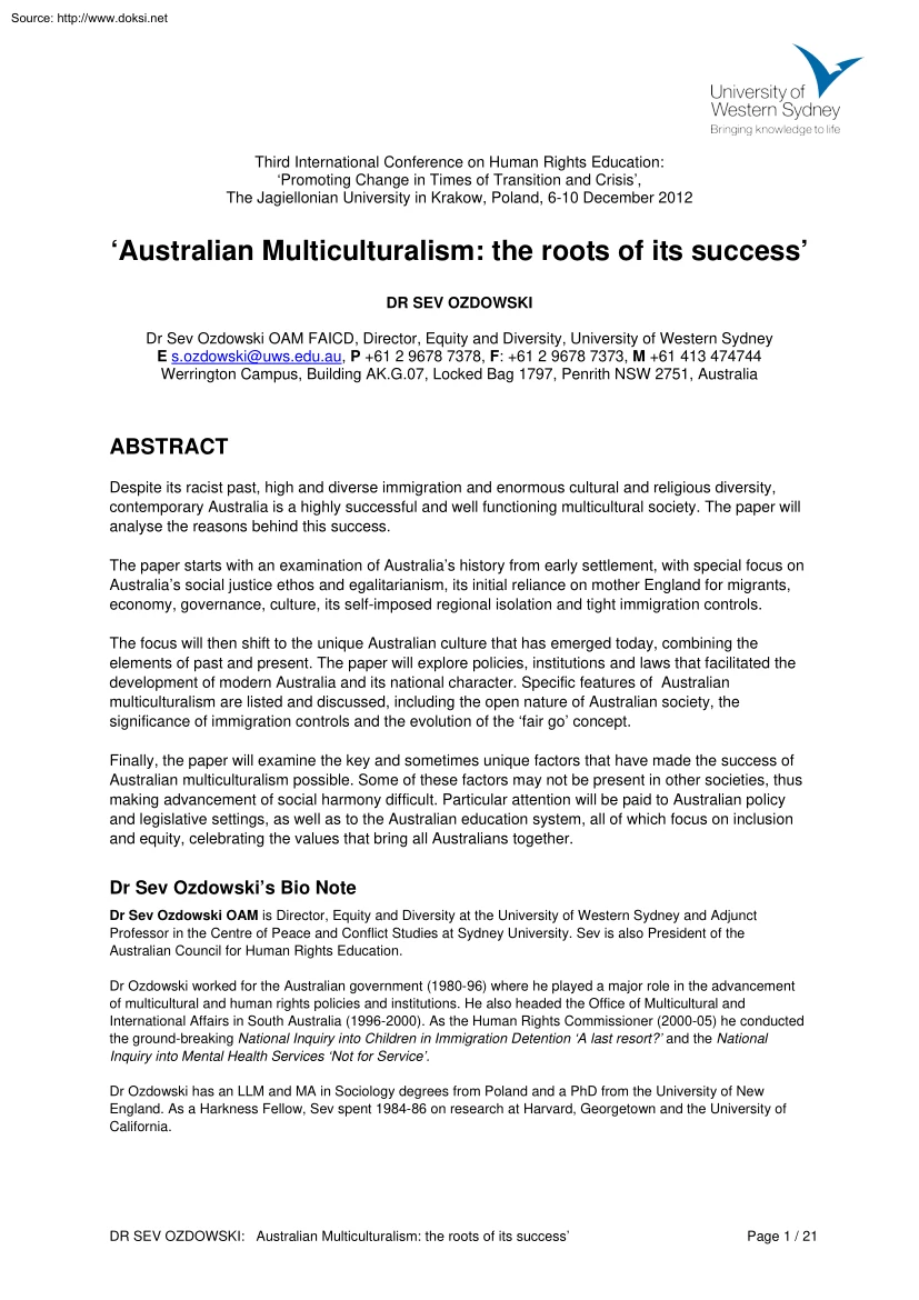 Dr Sev Ozdowski - Australian Multiculturalism, The Roots of its Success