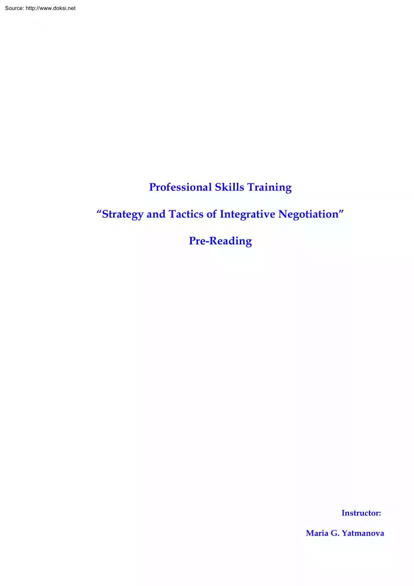Maria G. Yatmanova - Professional Skills Training Strategy and Tactics of Integrative Negotiation Pre-Reading