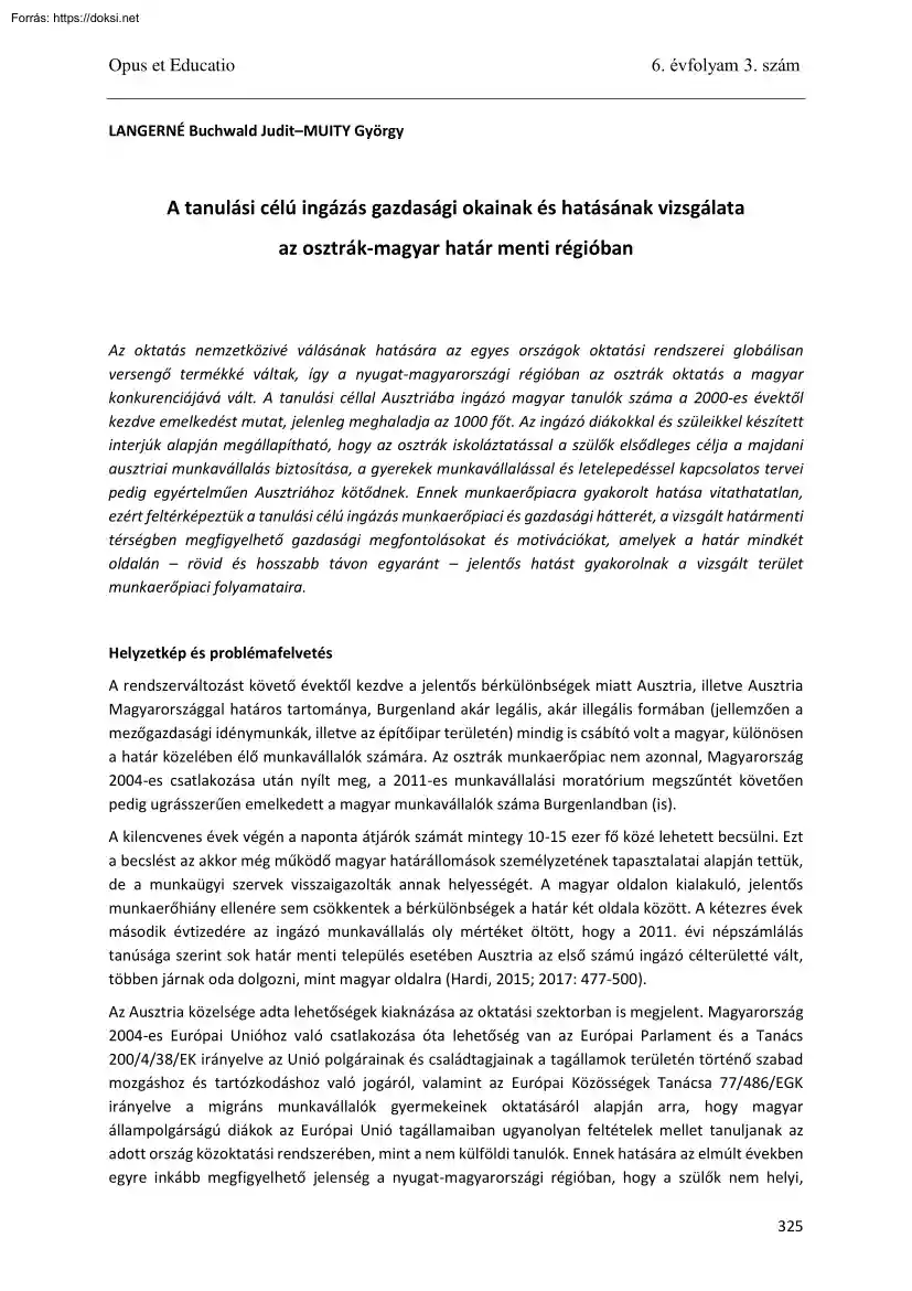 Langerné-Muity - A tanulási célú ingázás gazdasági okainak és hatásának vizsgálata az osztrák-magyar határ menti régióban