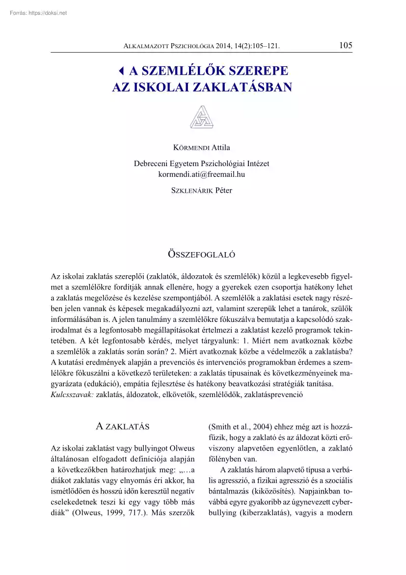 Körmendi Attila - A szemlélők szerepe az iskolai zaklatásban