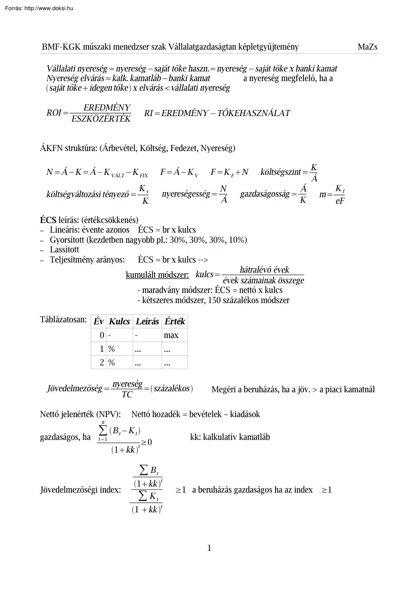 Vállalatgazdaságtan képletgyűjtemény
