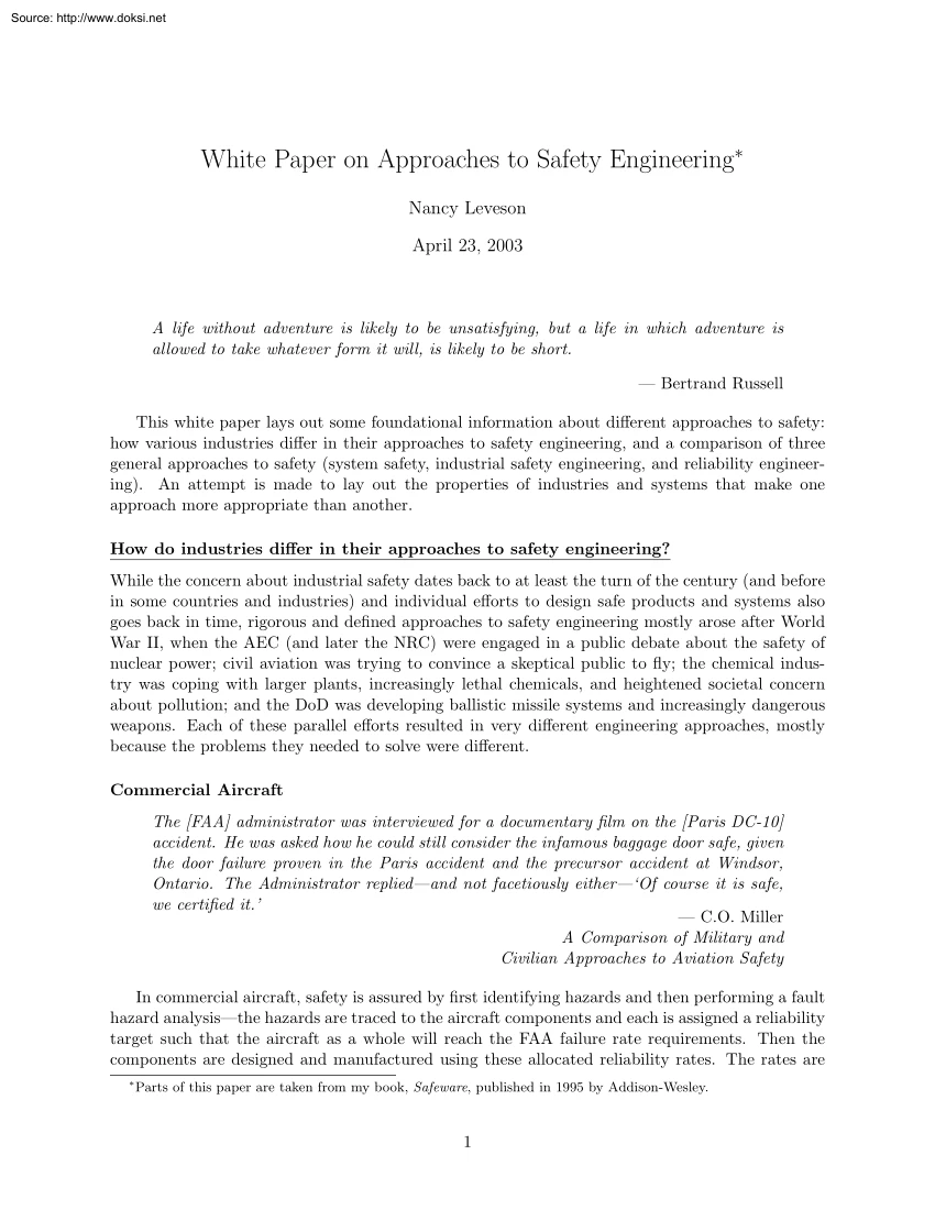 Nancy Leveson - White Paper on Approaches to Safety Engineering