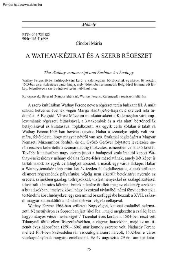 Cindori Mária - A Wathay-kézirat és a szerb régészet