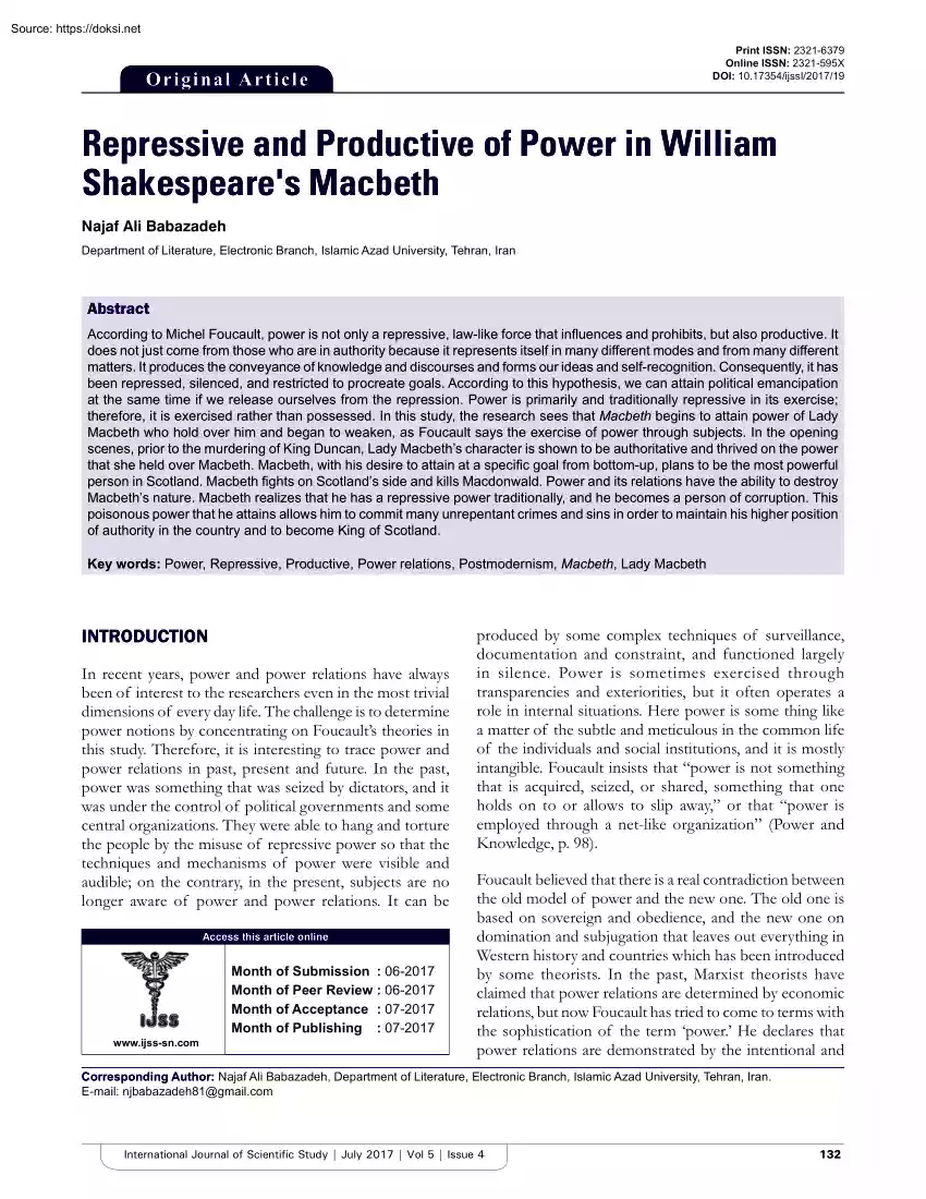 Najaf Ali Babazadeh - Repressive and Productive of Power in William Shakespeares Macbeth