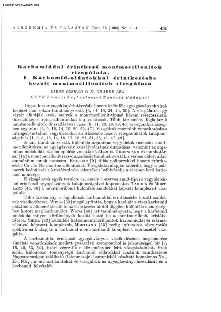 Libor-K. Gráber - Karbamiddal érintkező montmorillonitok vizsgálata