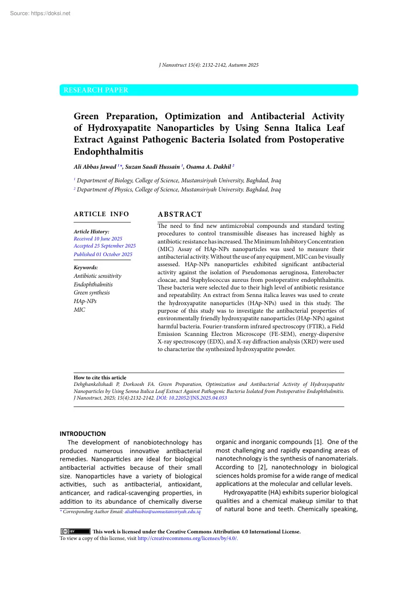 Green Preparation, Optimization and Antibacterial Activity of Hydroxyapatite Nanoparticles by Using