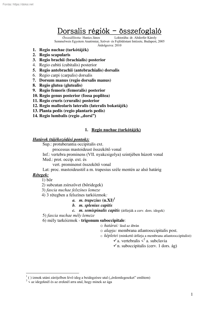 Hanics János - Dorsalis régiók összefoglaló