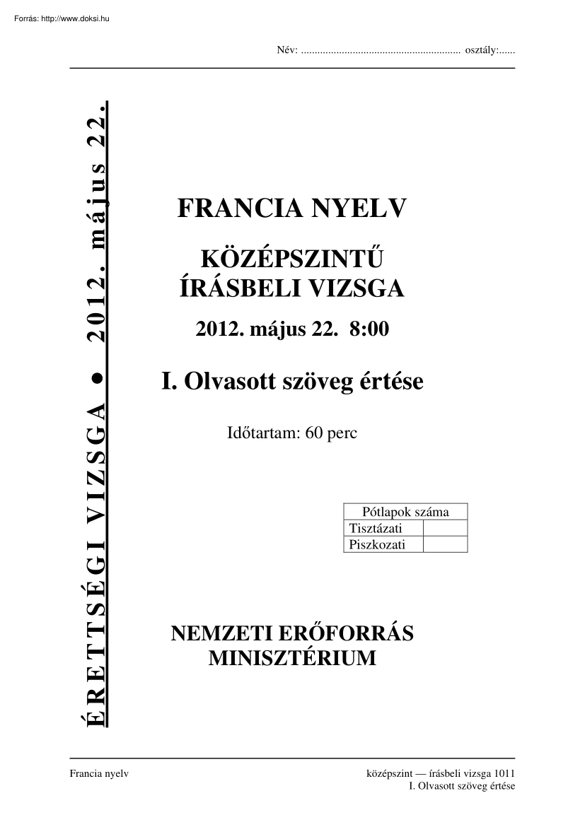 Francia nyelv középszintű írásbeli érettségi vizsga megoldással, 2012