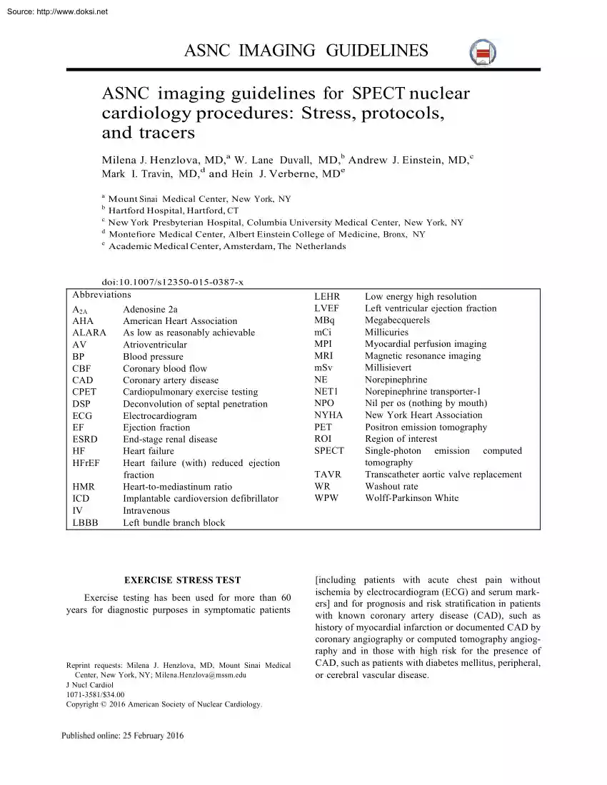 Henzlova-Duvall-Einstein - ASNC Imaging Guidelines for SPECT Nuclear Cardiology Procedures, Stress, Protocols, and Tracers