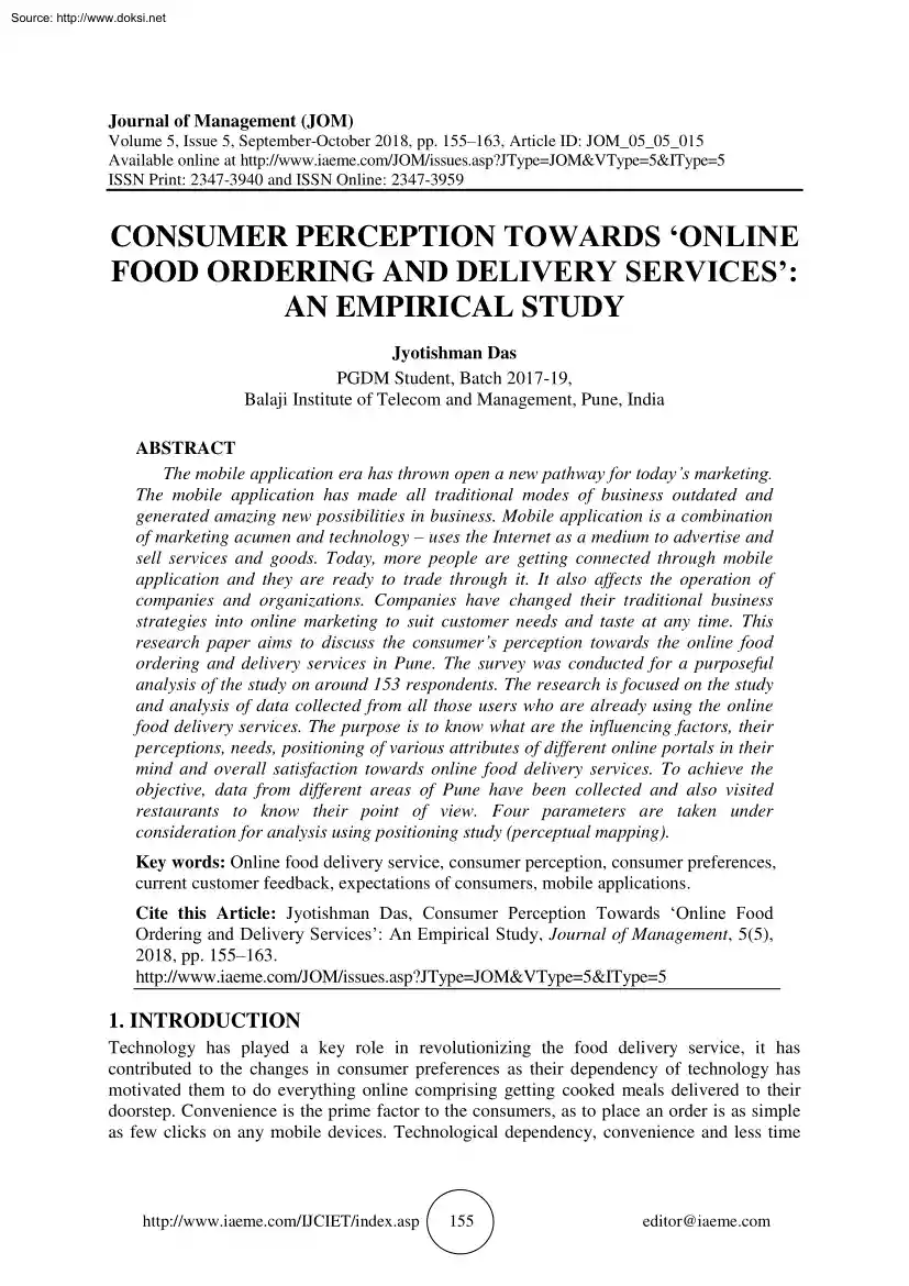 Jyotishman Das - Consumer Perception Towards Online Food Ordering and Delivery Services, An Empirical Study