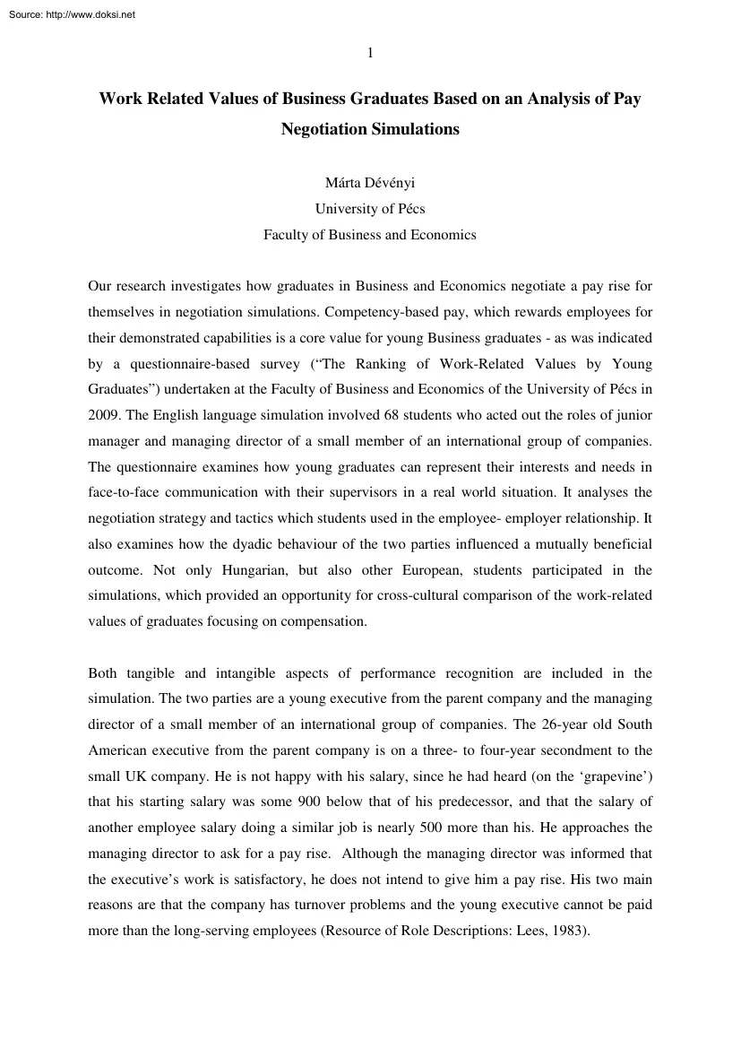 Márta Dévényi - Work Related Values of Business Graduates Based on an Analysis of Pay