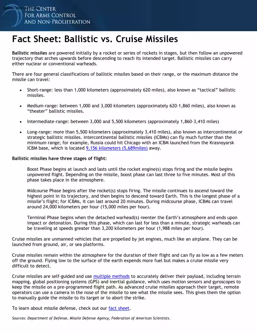 Fact Sheet Ballistic vs Cruise Missiles