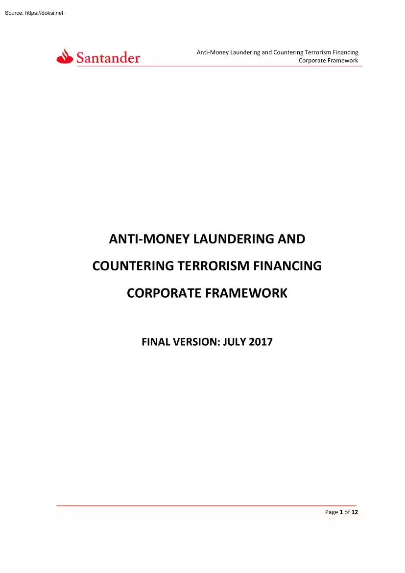 Anti-money Laundering and Countering Terrorism Financing Corporate Framework