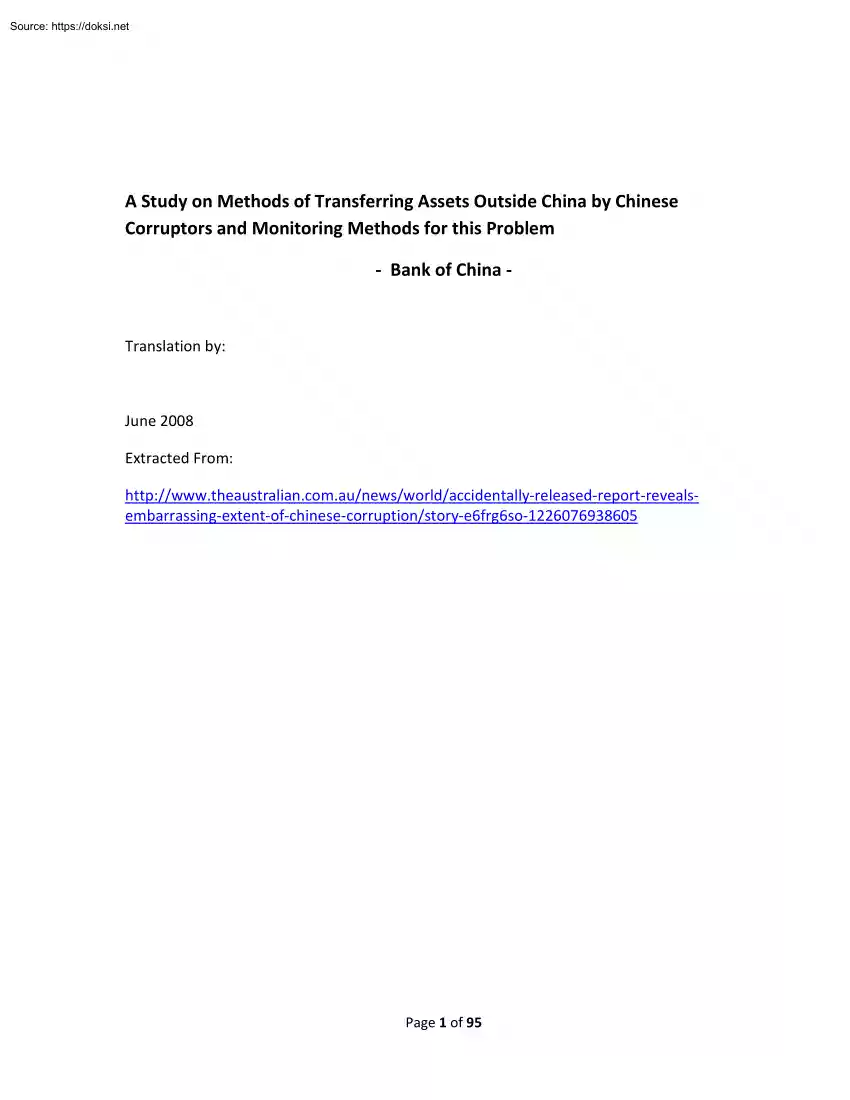A Study on Methods of Transferring Assets Outside China by Chinese Corruptors and Monitoring Methods for this Problem