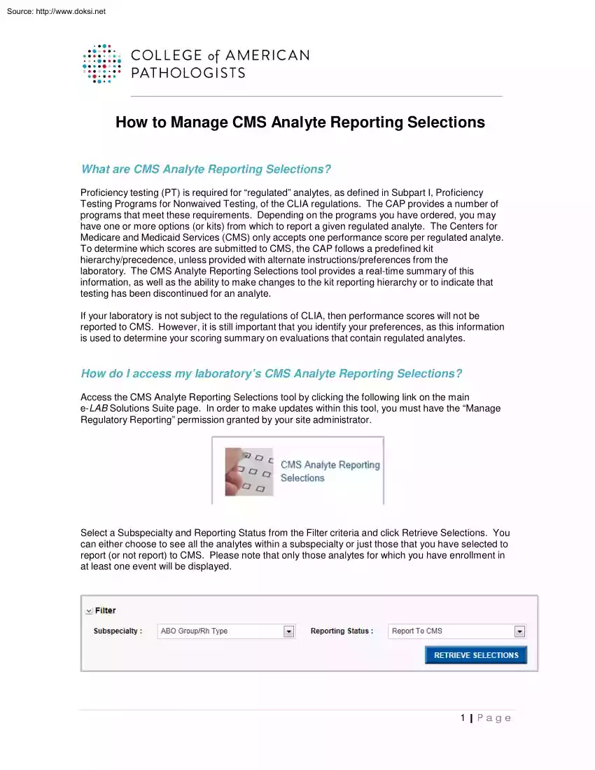 How to Manage CMS Analyte Reporting Selections