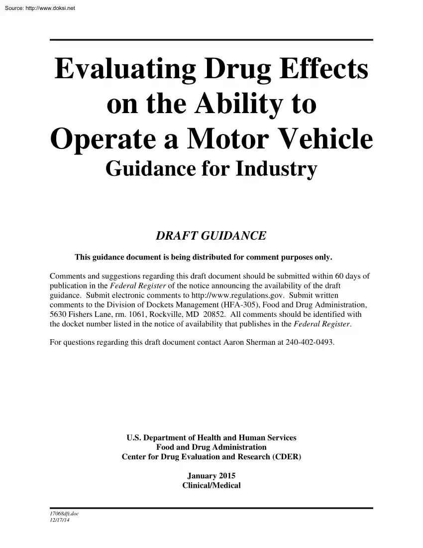 Evaluating Drug Effects on the Ability to Operate a Motor Vehicle Guidance for Industry